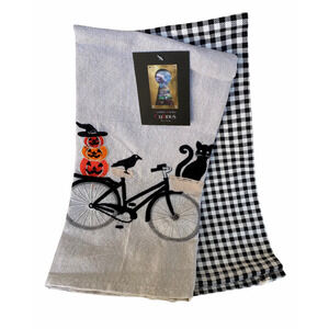 NWT Cynthia Rowley Halloween Black Cat on Bicycle Dish Kitchen Tea Towel Set